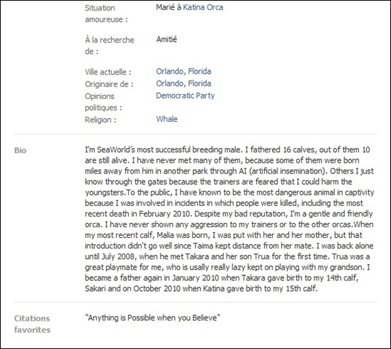 L'autobiographie Facebook de Tilikum...